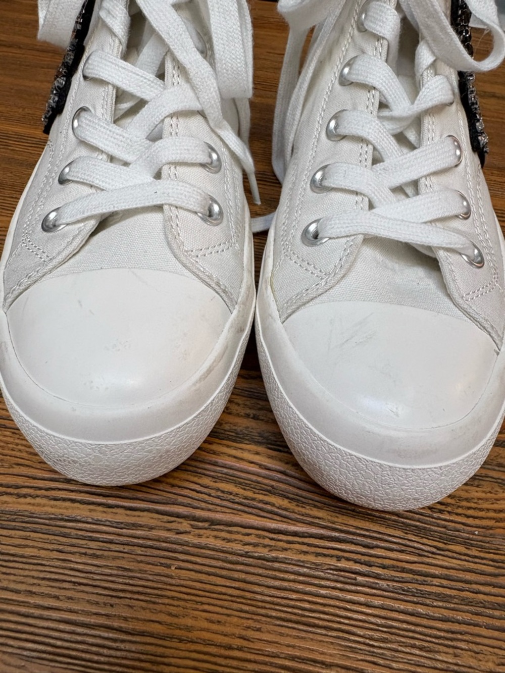 Lauren Lorraine White High-Top Sneakers with Black Beaded Patches and Chains - Picture 3 of 16